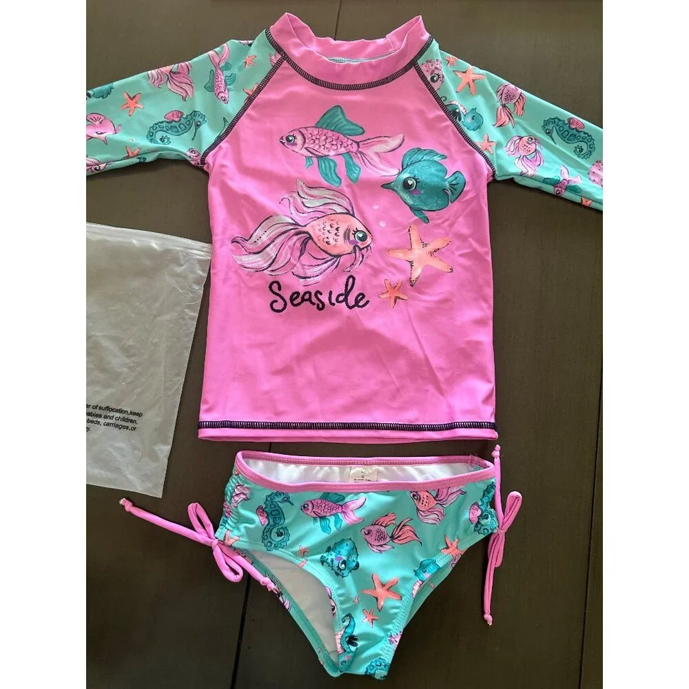 New w/o tags: Girls 2 piece rash‎ guard swimsuit size 6
